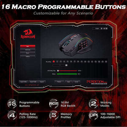 Redragon Wireless Gaming Mouse, MMO Gaming Mouse UP 16,000 DPI, 16 Macro Programmable Buttons, RGB Rechargeable with 12 Side Buttons, 70Hrs for PC Laptop MOBA FPS, M901P - KS - TechNova