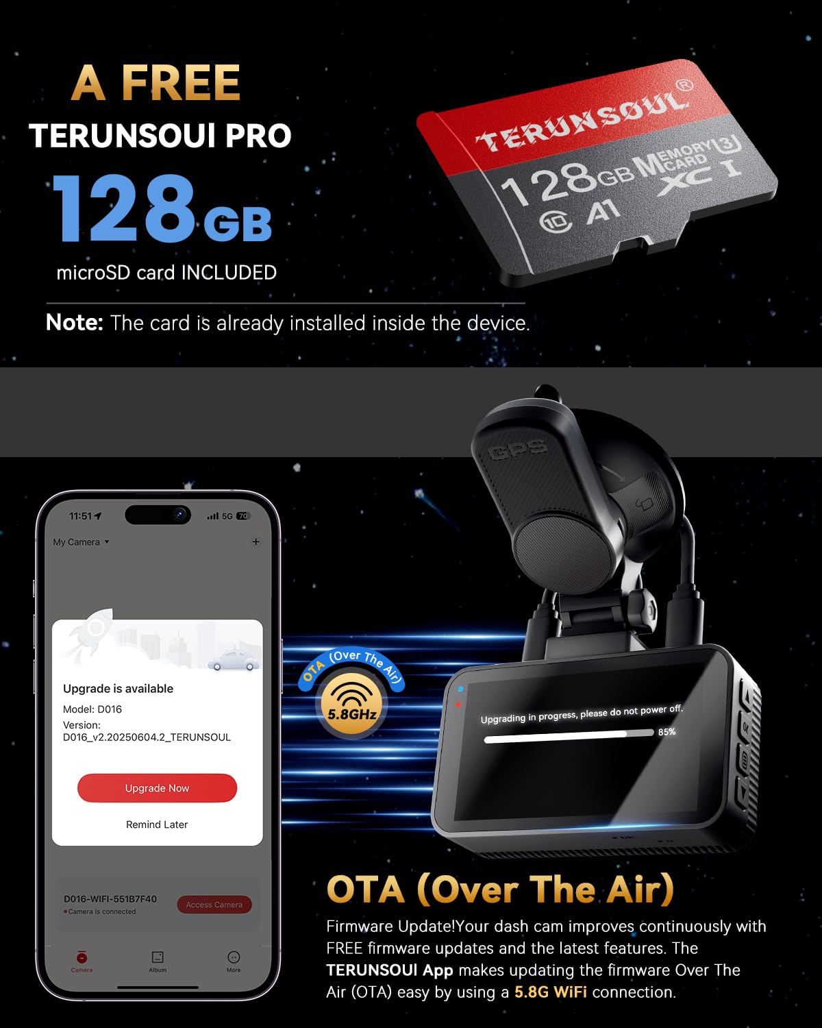 4K+4K Dash Cam Front and Rear, Free 128GB Card Included, 5.8GHz WiFi Dash Camera for Cars, Built - in GPS, G - Sensor, 170°Wide Angle, 3" IPS Screen, 24H Parking Mode, Support 512GB Max - TechNova