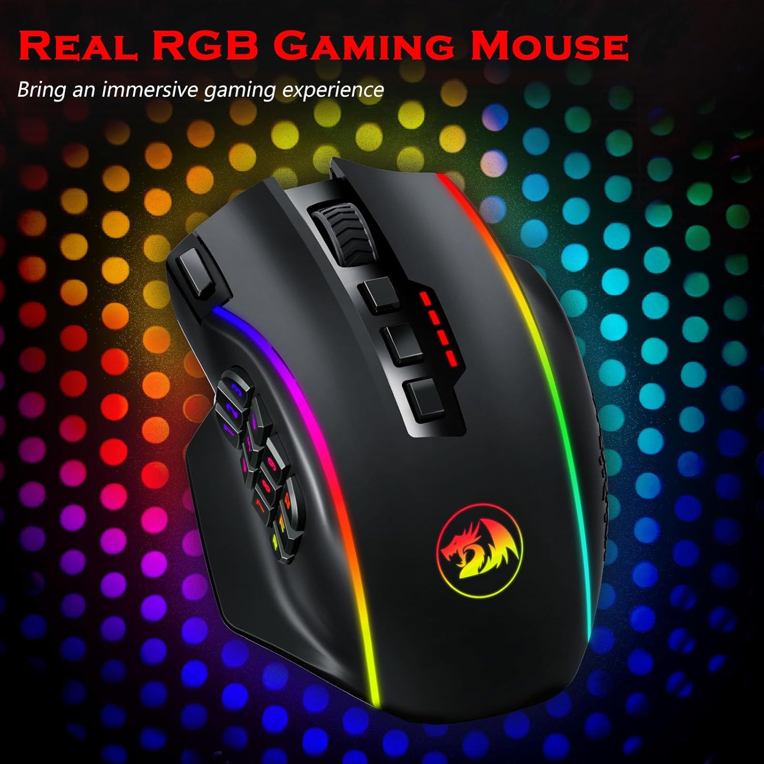 Redragon Wireless Gaming Mouse, MMO Gaming Mouse UP 16,000 DPI, 16 Macro Programmable Buttons, RGB Rechargeable with 12 Side Buttons, 70Hrs for PC Laptop MOBA FPS, M901P - KS - TechNova