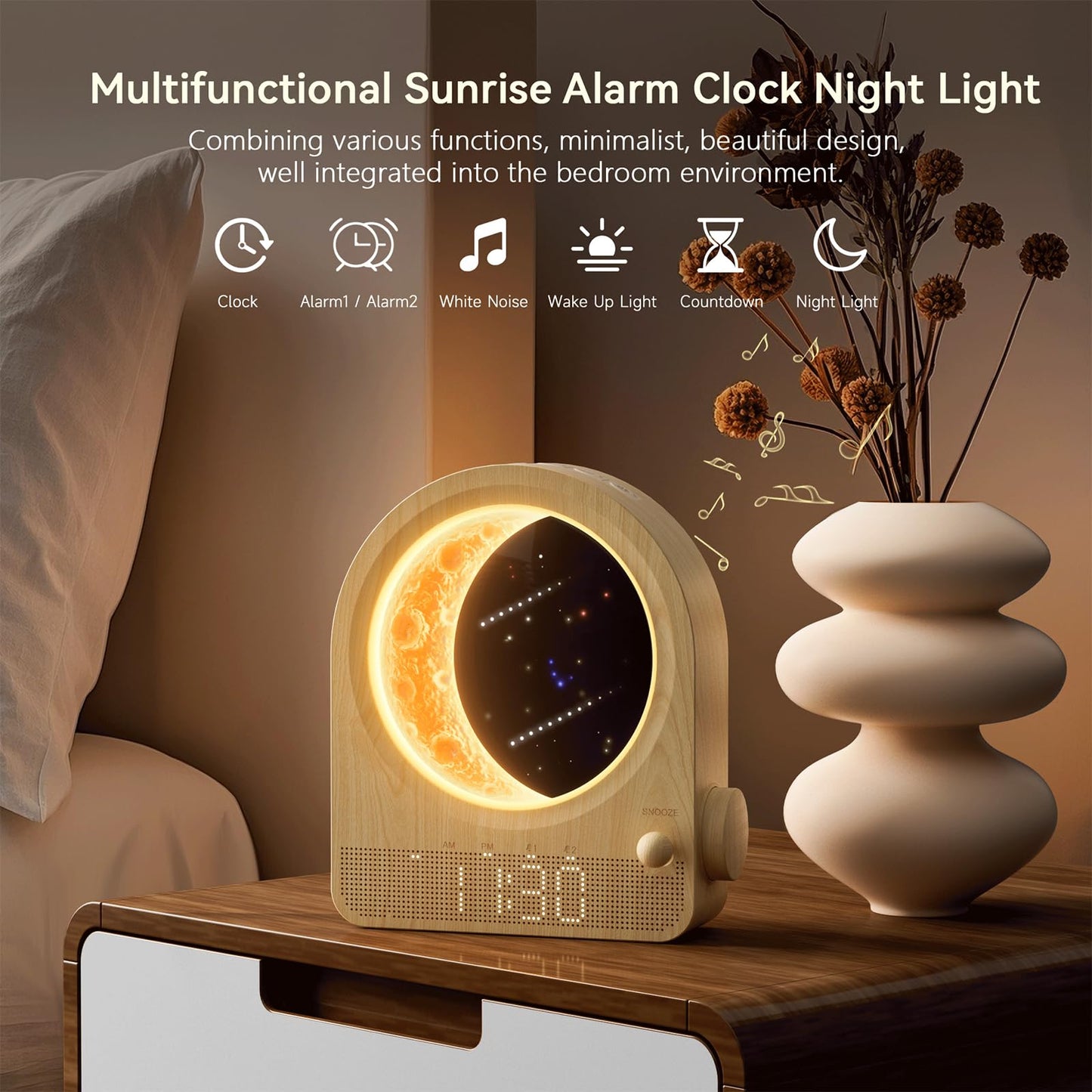 Sunrise Alarm Clocks for Bedrooms, Stepless Dimmable Moon Lamp Dual Alarm Clock Wake Up Light with 12Levels Volume for Heavy Sleepers, 10 Natural Sounds with Timer, Gifts for Women - TechNova