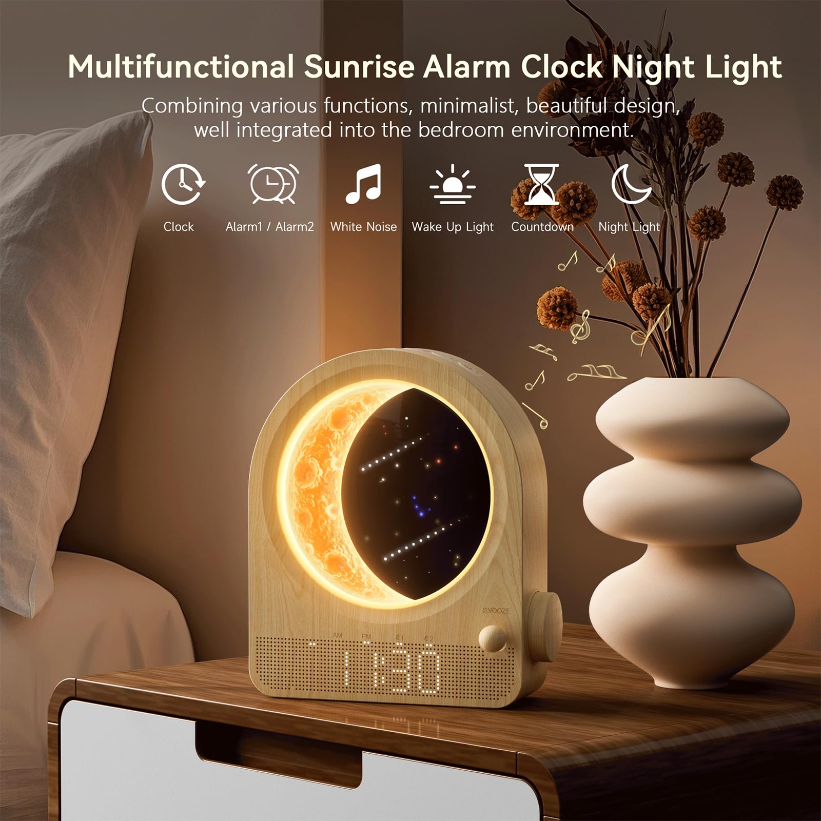 Sunrise Alarm Clocks for Bedrooms, Stepless Dimmable Moon Lamp Dual Alarm Clock Wake Up Light with 12Levels Volume for Heavy Sleepers, 10 Natural Sounds with Timer, Gifts for Women - TechNova