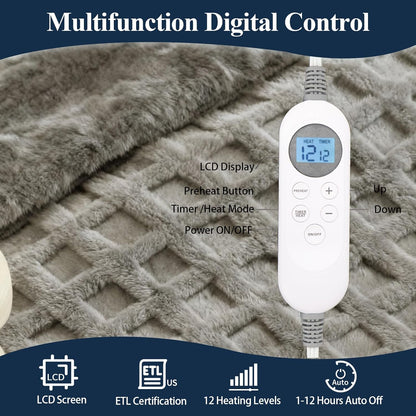 Heated Blanket Electric Throw, 50"X60" Heating Blanket Waffle with 12 Heat Levels, Fast Heating Blanket with 1 - 12 Timer, Overheat Protection with ETL & FCC for Bed Home Office Sofa (Light Gray） - TechNova