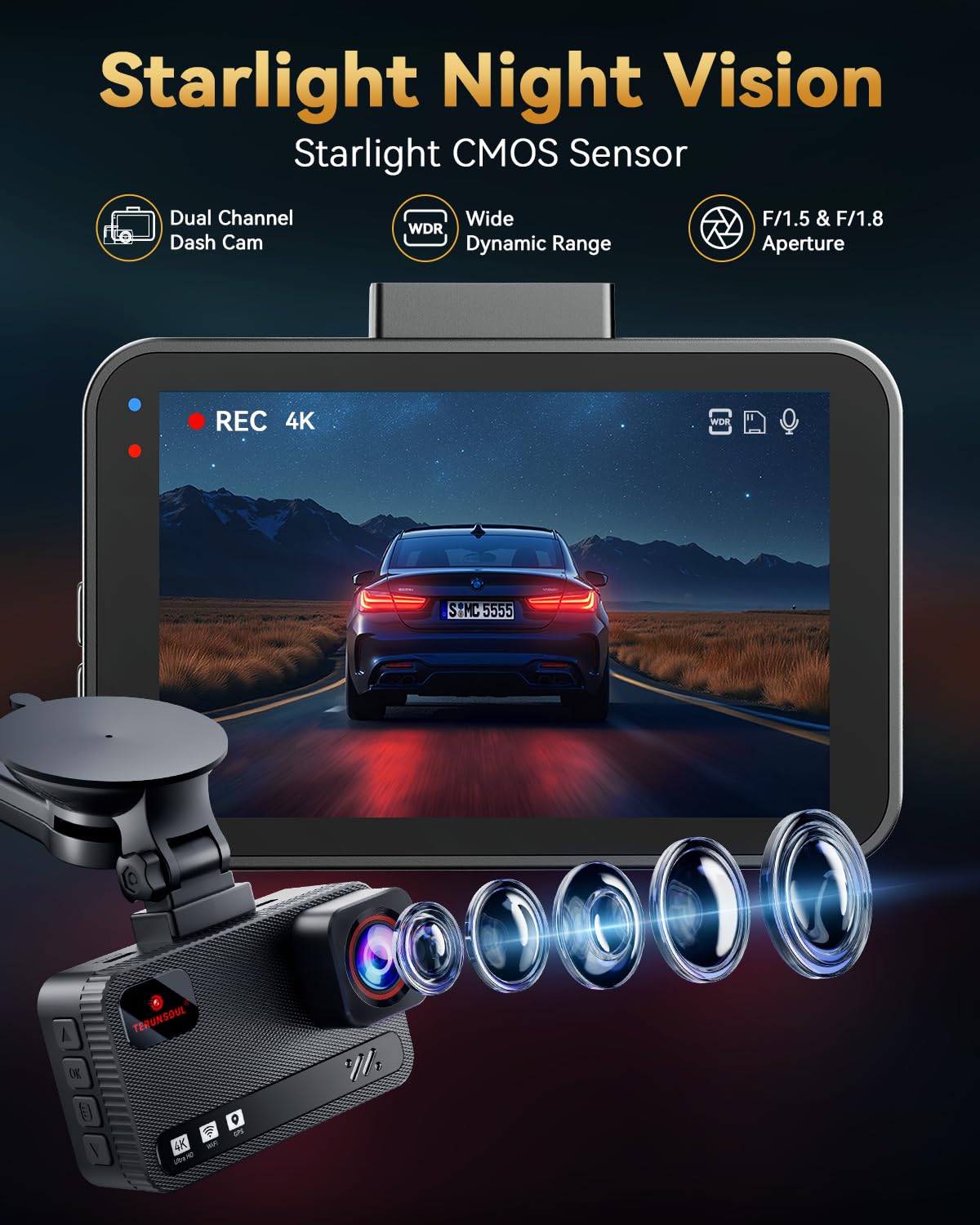 4K+4K Dash Cam Front and Rear, Free 128GB Card Included, 5.8GHz WiFi Dash Camera for Cars, Built - in GPS, G - Sensor, 170°Wide Angle, 3" IPS Screen, 24H Parking Mode, Support 512GB Max - TechNova