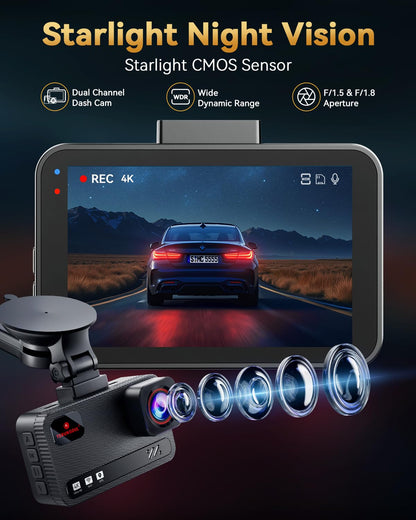 4K+4K Dash Cam Front and Rear, Free 128GB Card Included, 5.8GHz WiFi Dash Camera for Cars, Built - in GPS, G - Sensor, 170°Wide Angle, 3" IPS Screen, 24H Parking Mode, Support 512GB Max - TechNova