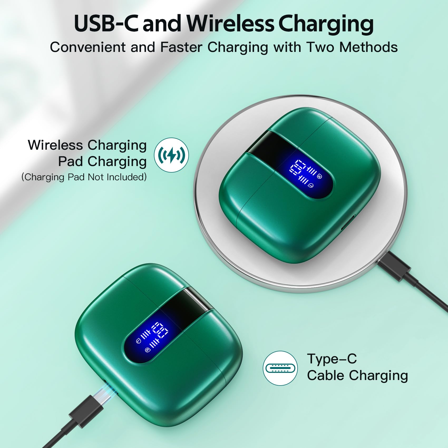 TAGRY Bluetooth Headphones True Wireless Earbuds 60H Playback LED Power Display Earphones with Wireless Charging Case IPX5 Waterproof in - Ear Ear buds with Mic for TV Smart Phone Laptop Computer Sports - TechNova