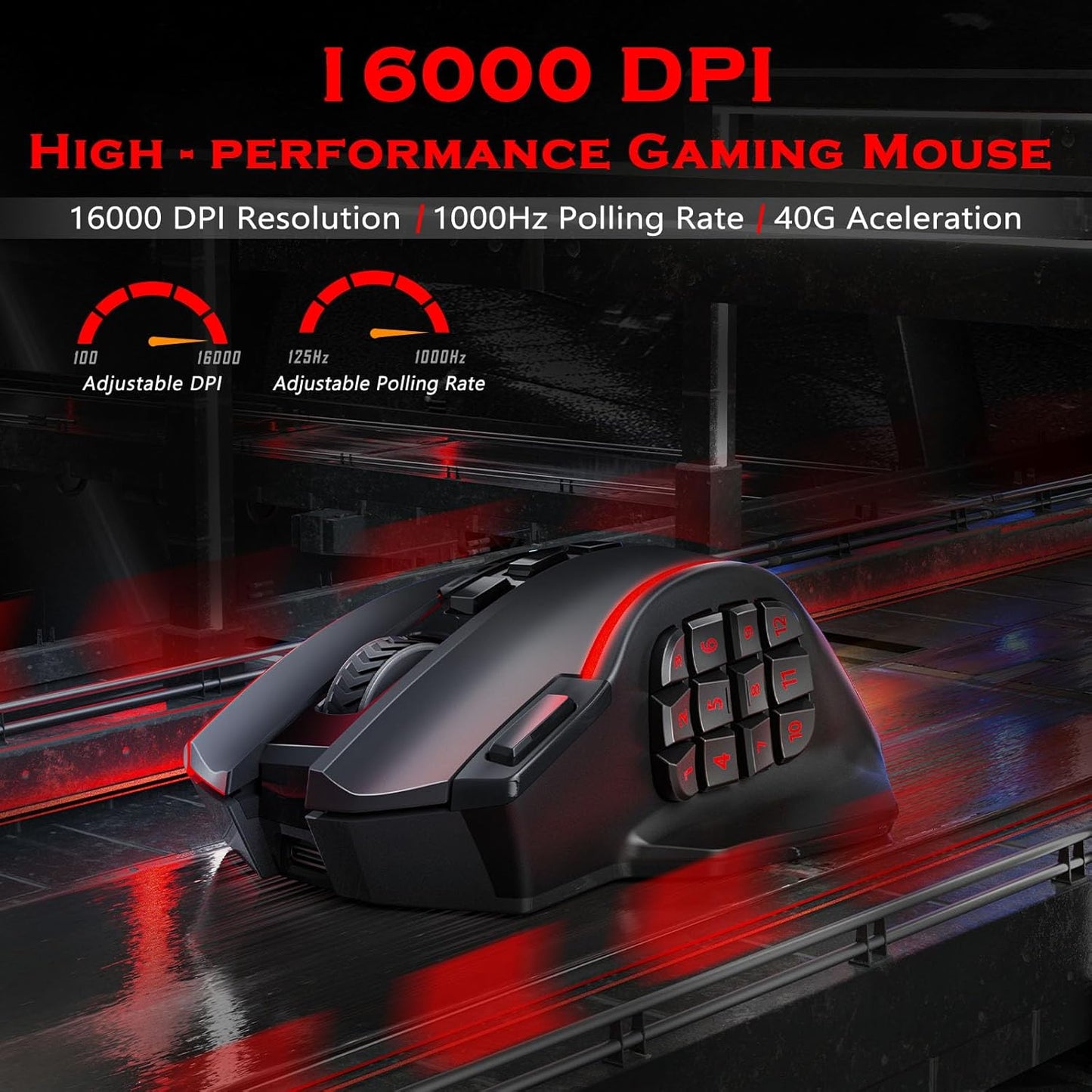 Redragon Wireless Gaming Mouse, MMO Gaming Mouse UP 16,000 DPI, 16 Macro Programmable Buttons, RGB Rechargeable with 12 Side Buttons, 70Hrs for PC Laptop MOBA FPS, M901P - KS - TechNova