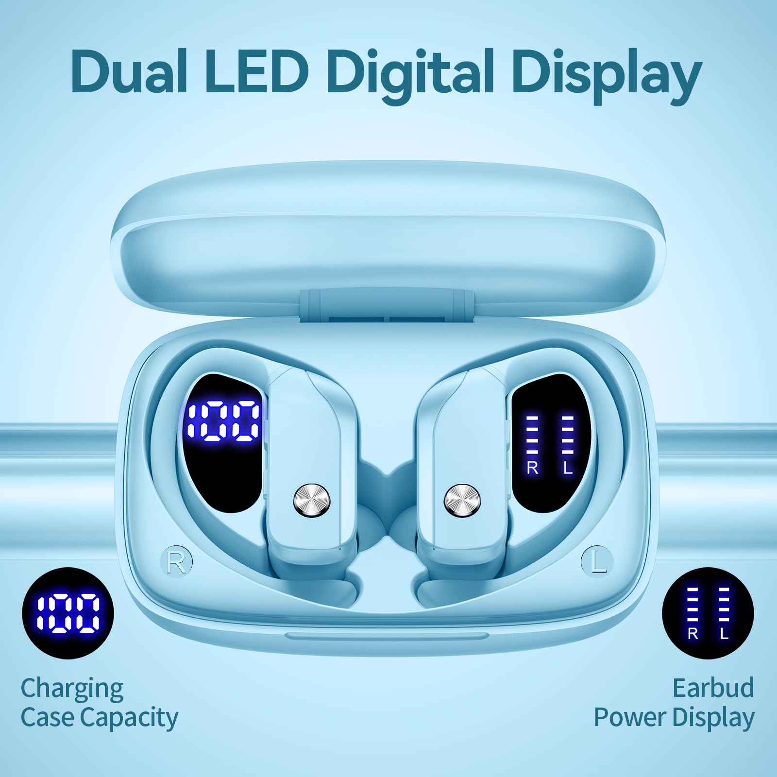 bmani Ear Buds Wireless Earbuds Bluetooth Headphones with 80H Playtime LED Display Case, Over - Ear Hook with Mic, Stereo Sound, Easy Button Controls, Sports Earphones for Running Workout Gym Black - TechNova