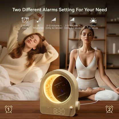 Sunrise Alarm Clocks for Bedrooms, Stepless Dimmable Moon Lamp Dual Alarm Clock Wake Up Light with 12Levels Volume for Heavy Sleepers, 10 Natural Sounds with Timer, Gifts for Women - TechNova