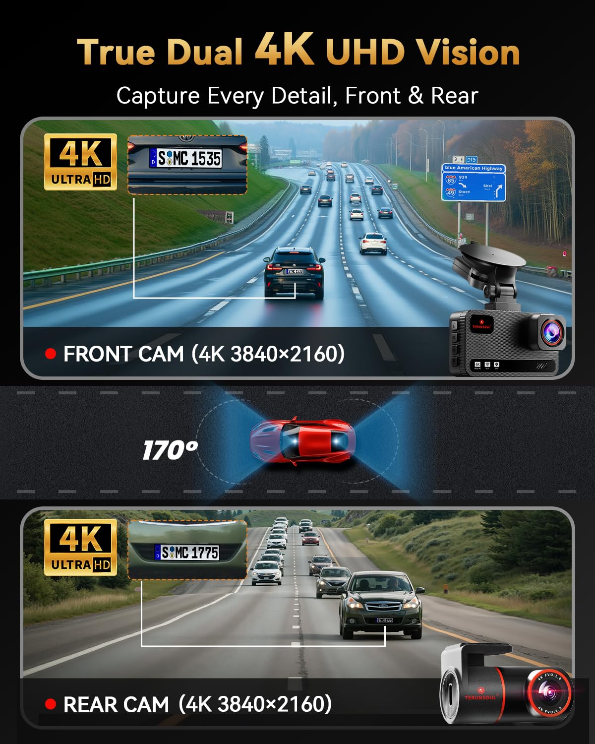 4K+4K Dash Cam Front and Rear, Free 128GB Card Included, 5.8GHz WiFi Dash Camera for Cars, Built - in GPS, G - Sensor, 170°Wide Angle, 3" IPS Screen, 24H Parking Mode, Support 512GB Max - TechNova