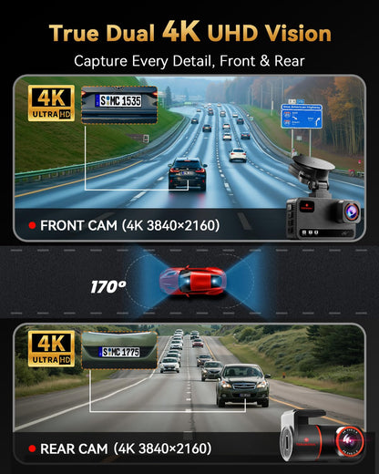 4K+4K Dash Cam Front and Rear, Free 128GB Card Included, 5.8GHz WiFi Dash Camera for Cars, Built - in GPS, G - Sensor, 170°Wide Angle, 3" IPS Screen, 24H Parking Mode, Support 512GB Max - TechNova