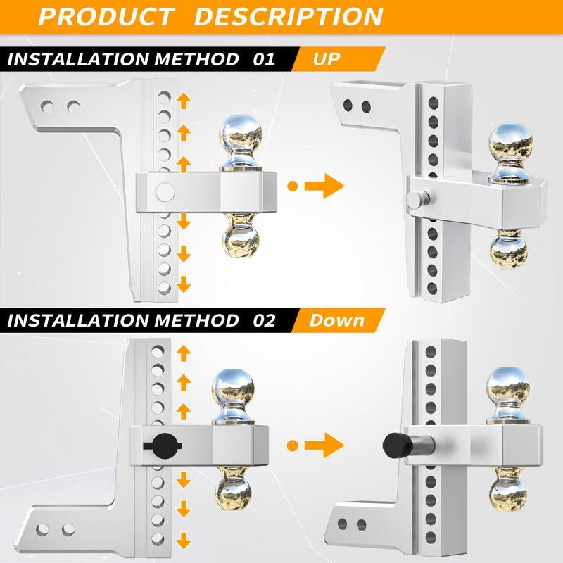 LOCAME Adjustable Trailer Hitch, Fits 2.5 - Inch Receiver Only, 10 - Inch Drop/Rise Aluminum Drop Hitch,18,500 LBS Gtw - Tow Hitch for Heavy Duty Truck with Double Stainless Steel Locks, Silver, LC0009 - TechNova