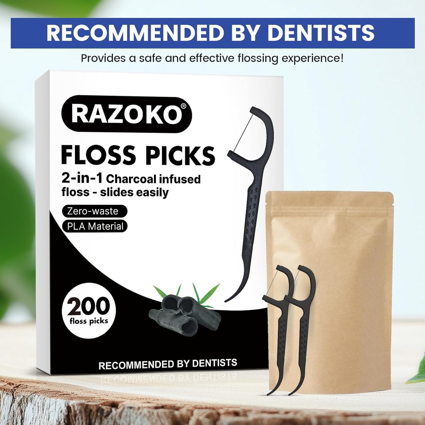 Natural Dental Floss Picks High Toughness Charcoal Toothpicks Sticks - Vegan,Eco - Friendly Sustainable Flossers for Teeth Cleaning (200 Count) - TechNova