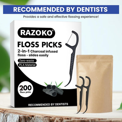 Natural Dental Floss Picks High Toughness Charcoal Toothpicks Sticks - Vegan,Eco - Friendly Sustainable Flossers for Teeth Cleaning (200 Count) - TechNova