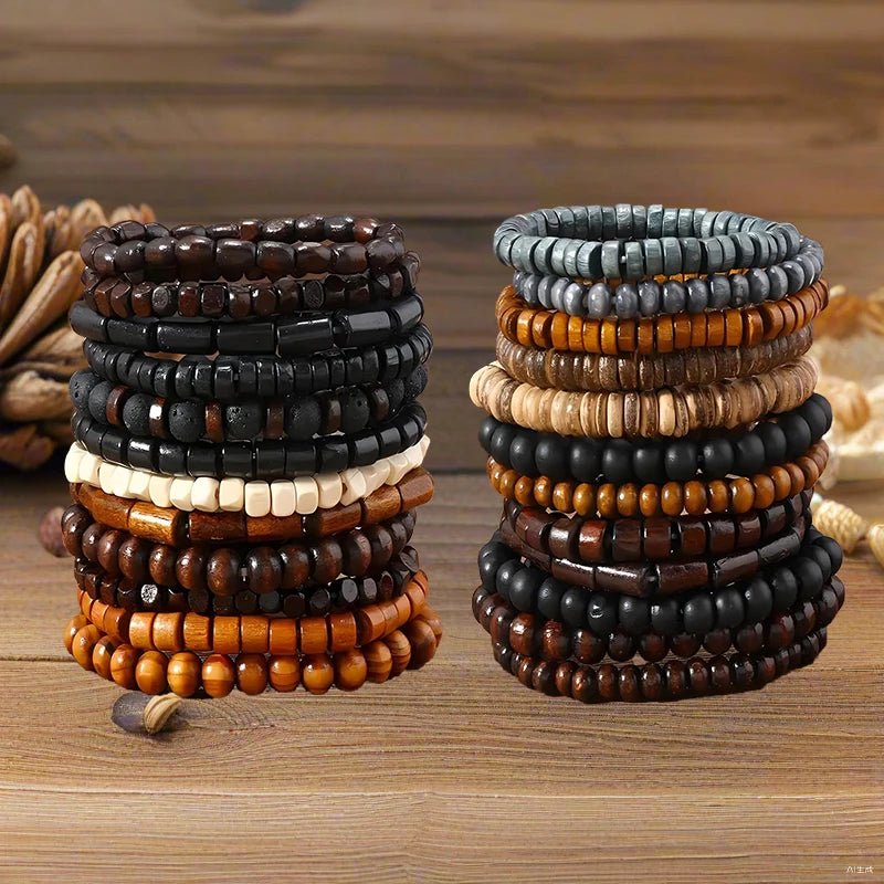 24Pcs/Set Men'S Retro Trendy Multi - Layer Bracelet Set, Versatile Elastic Thread Wooden Bead Bracelet - TechNova