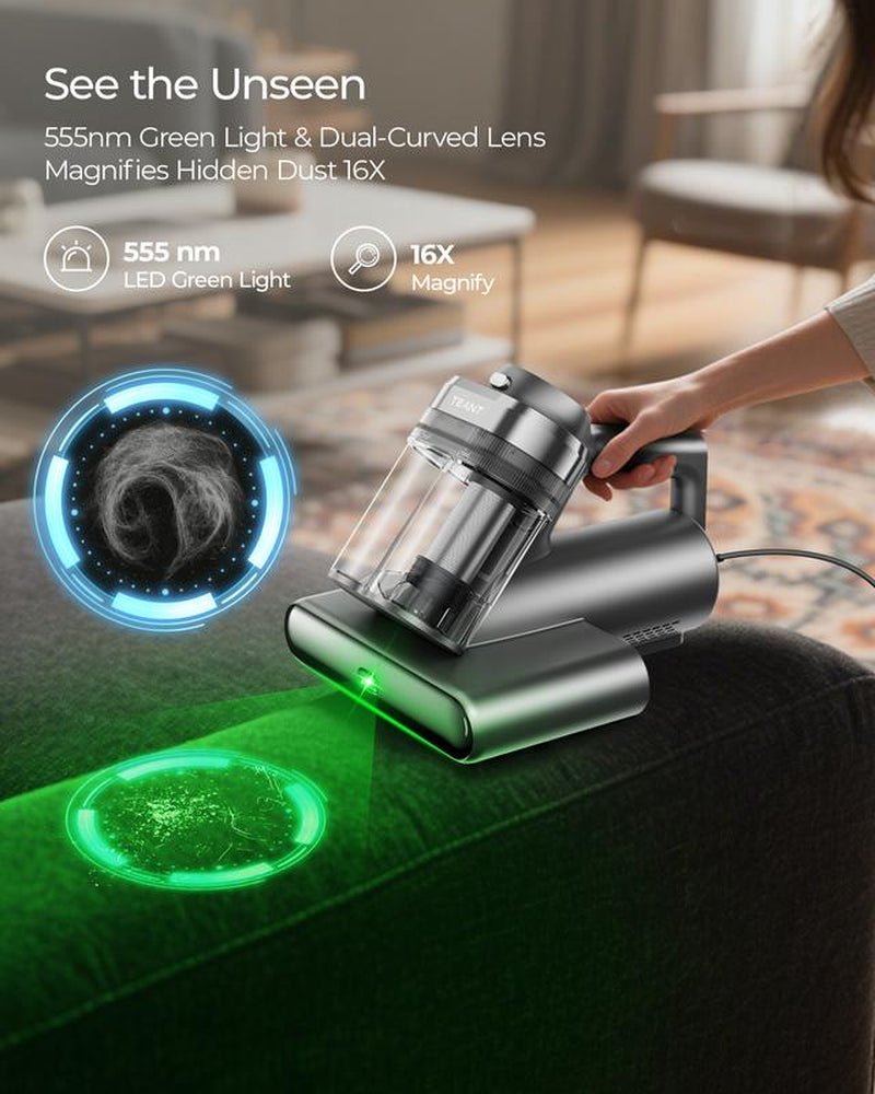 Teant Powerful Mattress Bed Vacuum Cleaner, 2 - Speed (14Kpa/18Kpa) Mattress Vacuum with Green Light Dust Detection, 253.7Nm UV - C Light, LED Display, HEPA Filter, 149℉ Heat, Aroma for Bed Couch Carpet - TechNova