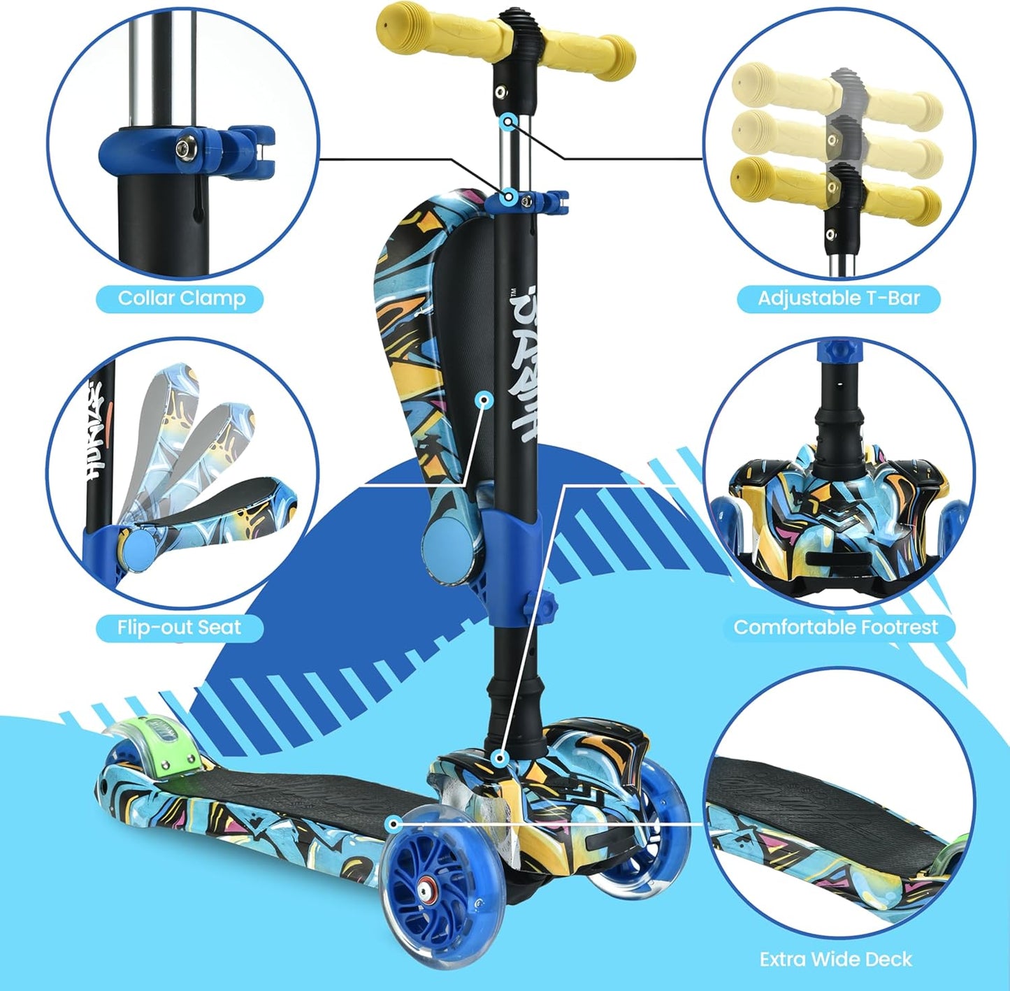3 - Wheeled Scooter for Kids - Wheel LED Lights, Adjustable Lean - To - Steer Handlebar, and Foldable Seat - Sit or Stand Ride with Brake for Boys and Girls Ages 1 - 14 Years Old - TechNova