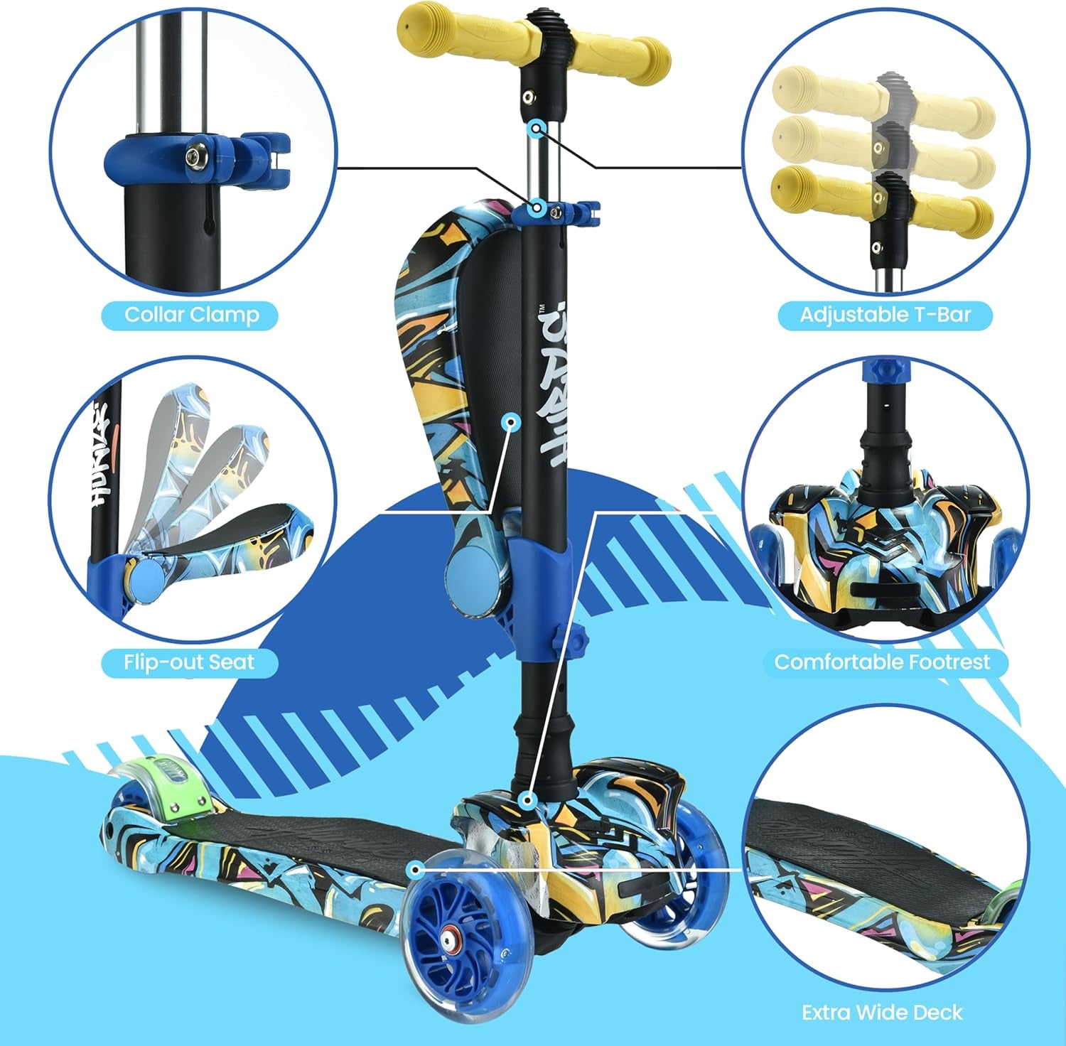 3 - Wheeled Scooter for Kids - Wheel LED Lights, Adjustable Lean - To - Steer Handlebar, and Foldable Seat - Sit or Stand Ride with Brake for Boys and Girls Ages 1 - 14 Years Old - TechNova