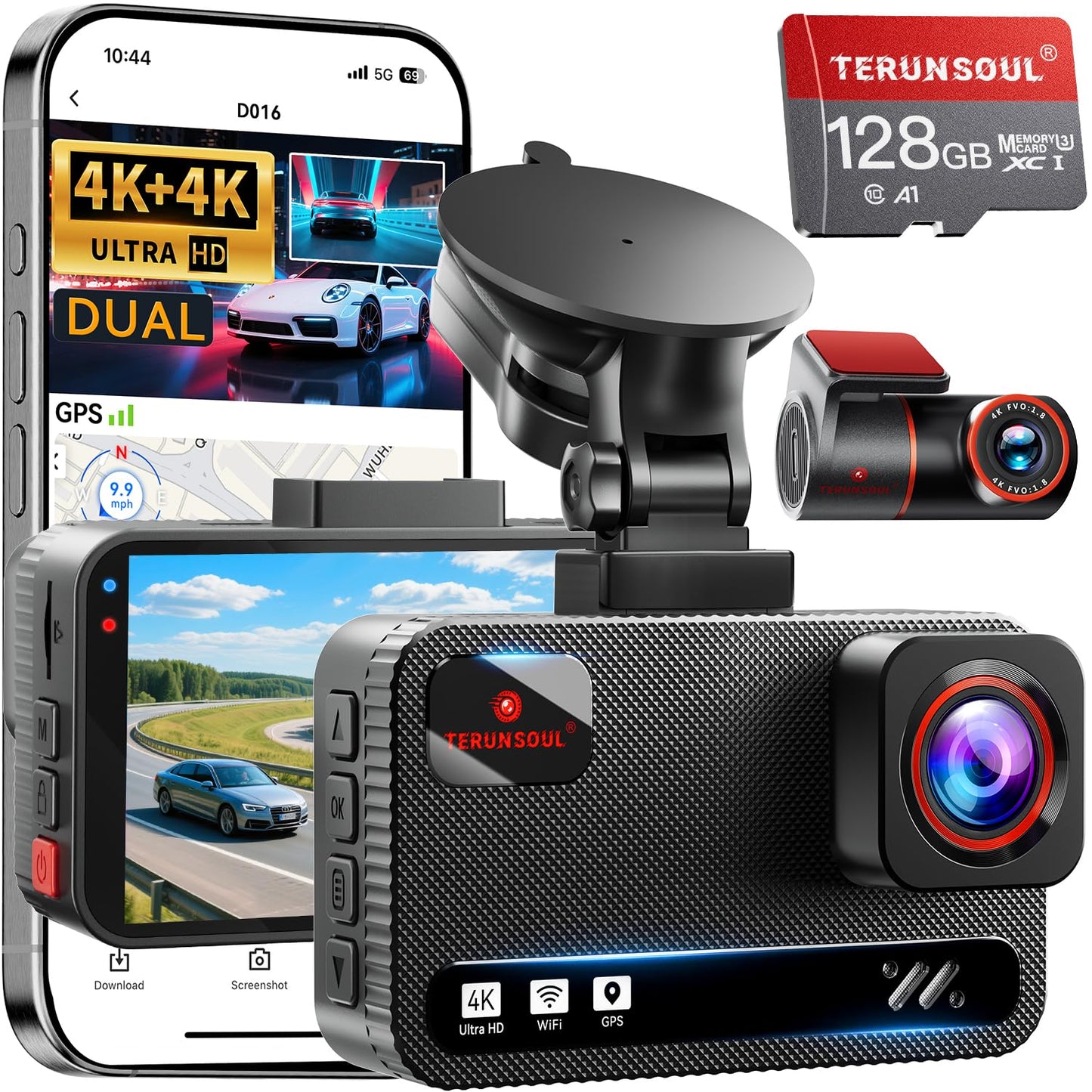 4K+4K Dash Cam Front and Rear, Free 128GB Card Included, 5.8GHz WiFi Dash Camera for Cars, Built - in GPS, G - Sensor, 170°Wide Angle, 3" IPS Screen, 24H Parking Mode, Support 512GB Max - TechNova