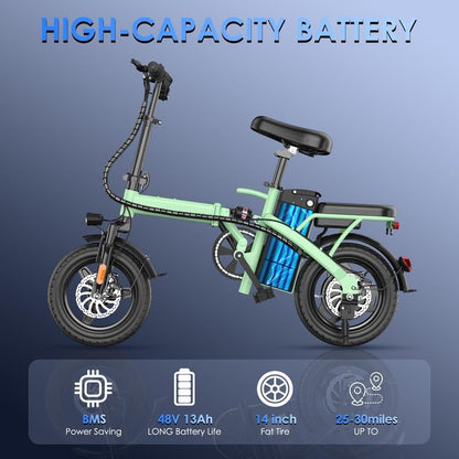14" Lightweight Folding Electric Commuter E-Bike | 48V 500W Motor | 20MPH Speed | UL 2849 Certified - TechNova