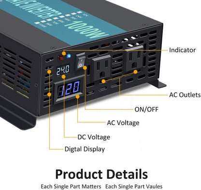 1000W Pure Sine Wave Solar Power Inverter 24V 120V 60Hz Power Converter LED Display DC to AC Power Generator with Wireless 100Ft Remote Controller - TechNova