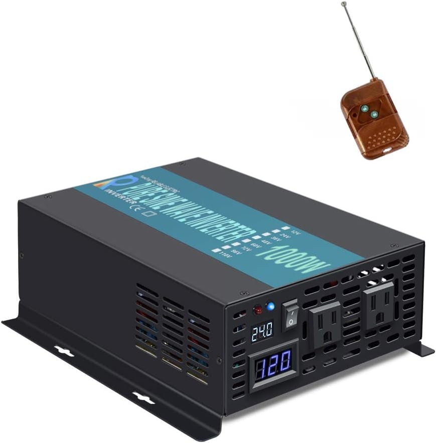 1000W Pure Sine Wave Solar Power Inverter 24V 120V 60Hz Power Converter LED Display DC to AC Power Generator with Wireless 100Ft Remote Controller - TechNova