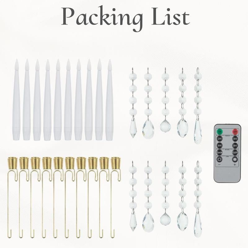 Set of 10 Flameless Christmas Tree Taper Candles with Timer and Hanging Crystal Ornaments for Holiday Decor - TechNova