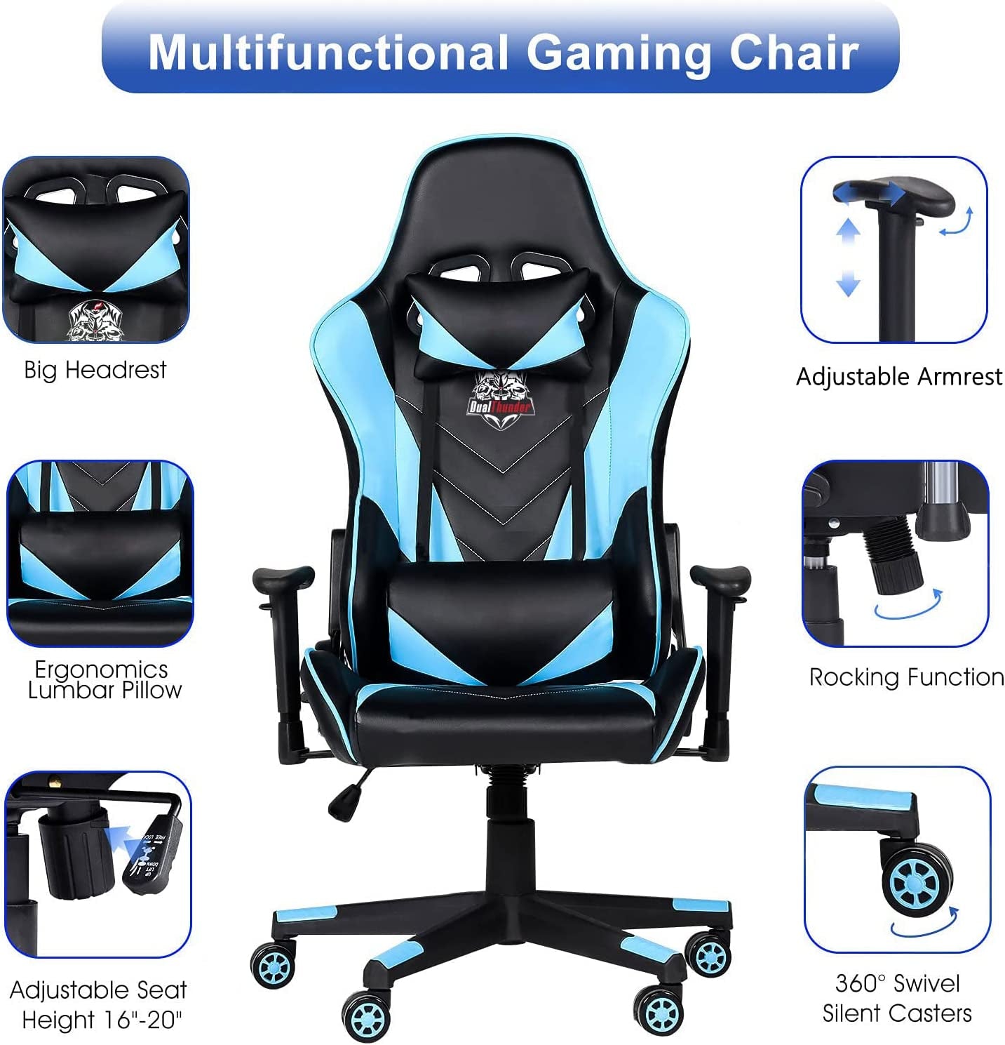 400 lb Ergonomic Gaming Chair with Lumbar Support, Reclining & Adjustable Armrest, Blue - TechNova