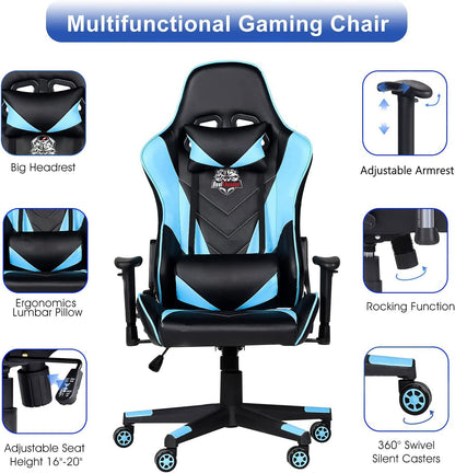 400 lb Ergonomic Gaming Chair with Lumbar Support, Reclining & Adjustable Armrest, Blue - TechNova