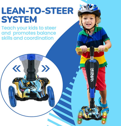 3 - Wheeled Scooter for Kids - Wheel LED Lights, Adjustable Lean - To - Steer Handlebar, and Foldable Seat - Sit or Stand Ride with Brake for Boys and Girls Ages 1 - 14 Years Old - TechNova