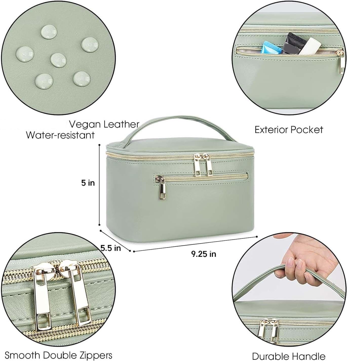 Makeup Bag, Travel Make up Organizer Cosmetic Brush Bags Case for Women in Vegan Leather, Sage Green, Patent Pending - TechNova