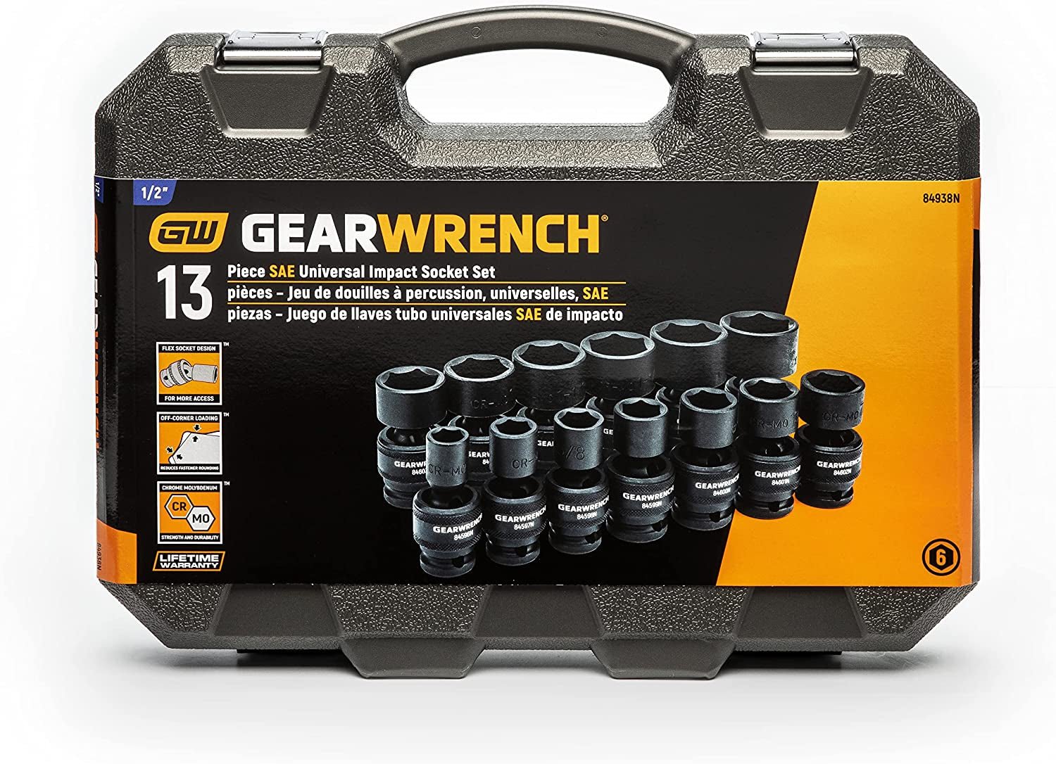 13 Pc. 1/2" Drive 6 Pt. Standard Universal Impact Socket Set, SAE - 84938N - TechNova