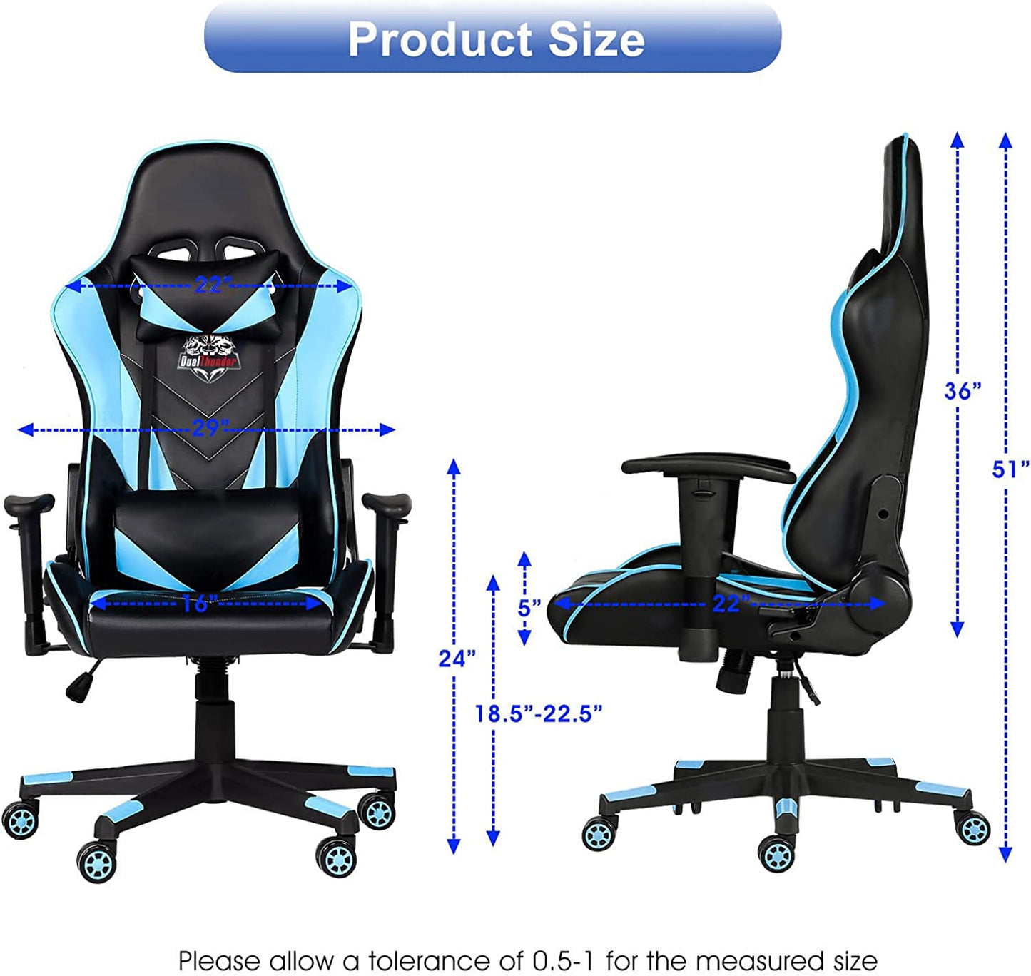 400 lb Ergonomic Gaming Chair with Lumbar Support, Reclining & Adjustable Armrest, Blue - TechNova