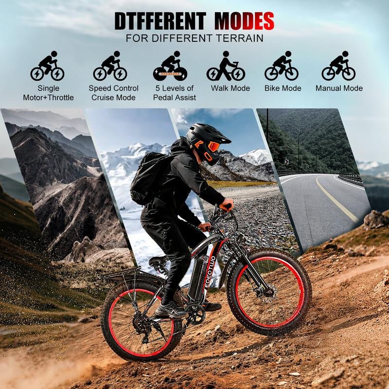 EOEOTWO 1500W Peak Motor Electric Bicycle, with Front Suspension Design, 48V 15AH Electric Mountain Bike, 26"X 4.0 Inch Tires, Maximum Speed up to 30+ Miles per Hour, Range of 70 Miles, Suitable for Snow, Mountain and Road Riding, Electric Bicycle. - TechNova