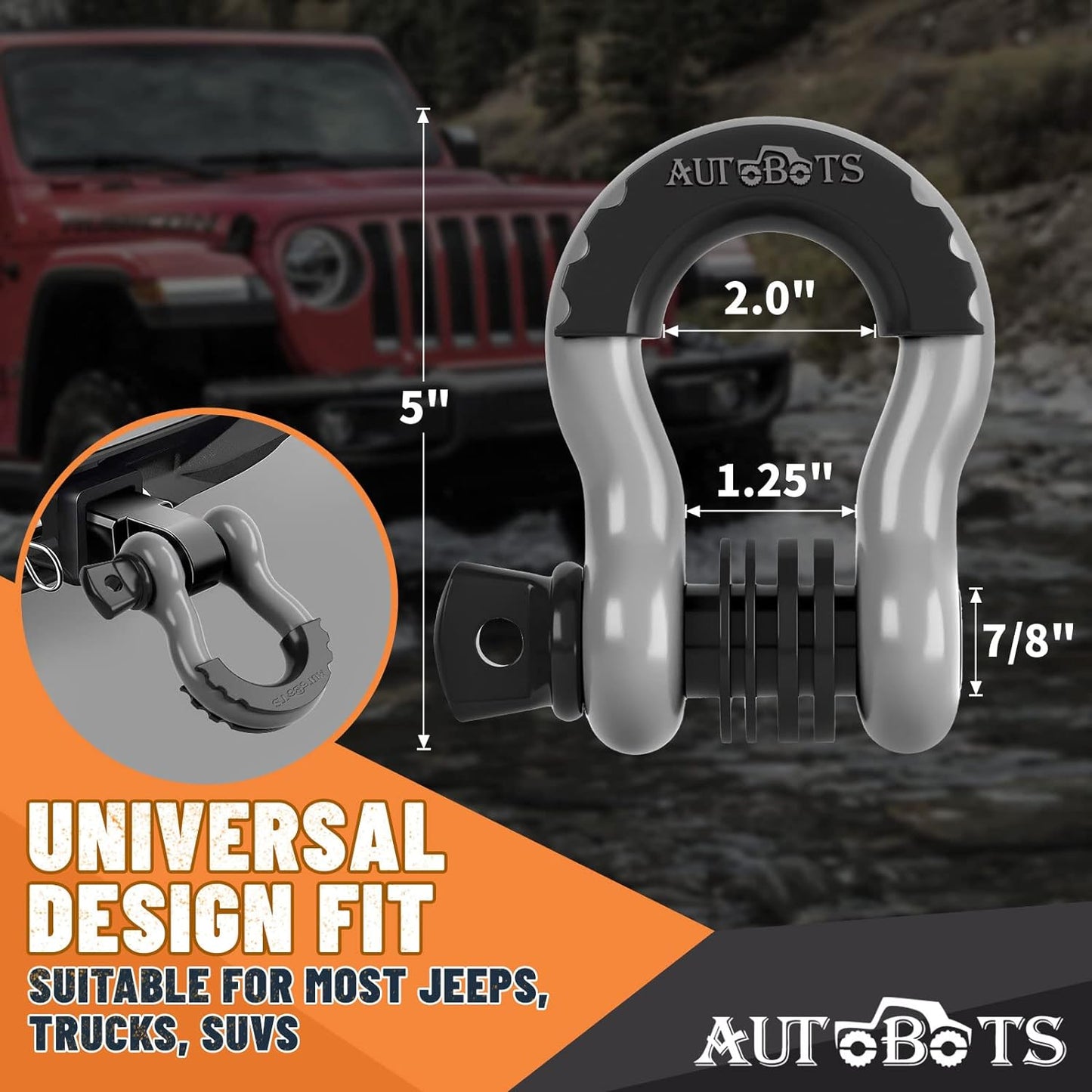 Bow Shackles 3/4" D Ring Shackle (2 Pack), 48,000Ib Break Strength with 7/8" Pin, 2 Isolator and 4 Washers Kit for Offroad Vehicle Truck Recovery Gray - TechNova