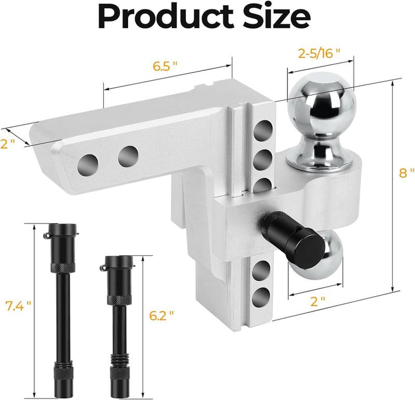 Adjustable Trailer Hitch Ball,Heavy Duty Towing Hitch,8 Inch Drop/Rise Mount Fit 2 Inch Receiver, 2" and 2 - 5/16" Dual Ball,Include 2 Anti - Theft Locks Pin Lockable Tow Boating Accessories Boat Fenders - TechNova