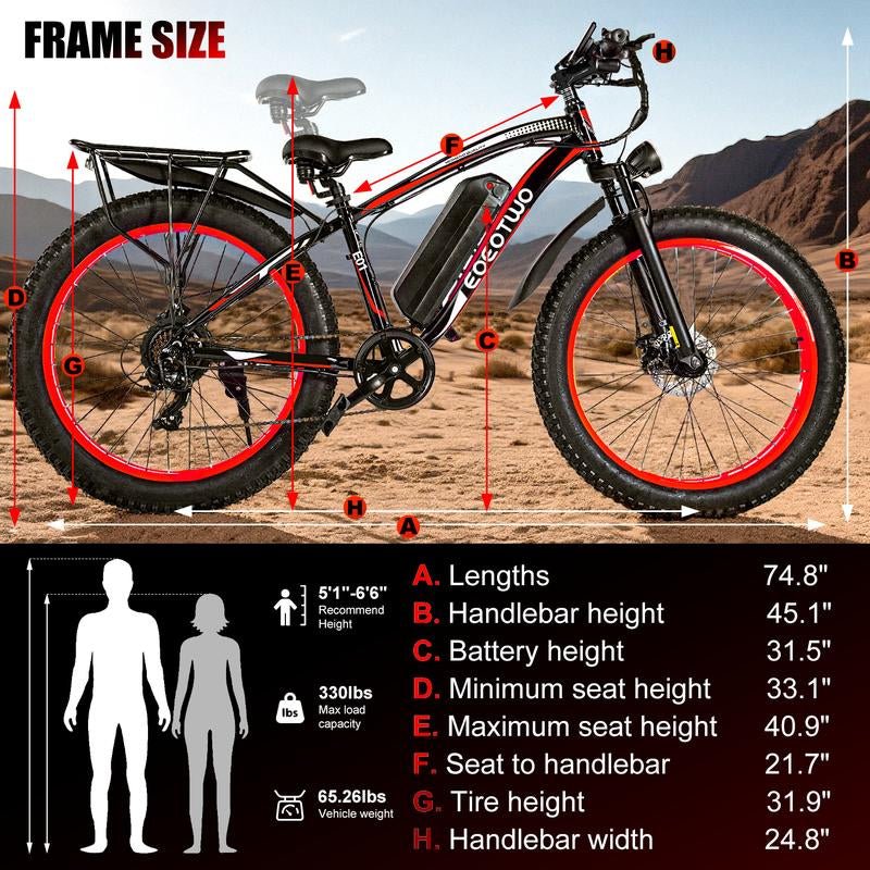EOEOTWO 1500W Peak Motor Electric Bicycle, with Front Suspension Design, 48V 15AH Electric Mountain Bike, 26"X 4.0 Inch Tires, Maximum Speed up to 30+ Miles per Hour, Range of 70 Miles, Suitable for Snow, Mountain and Road Riding, Electric Bicycle. - TechNova