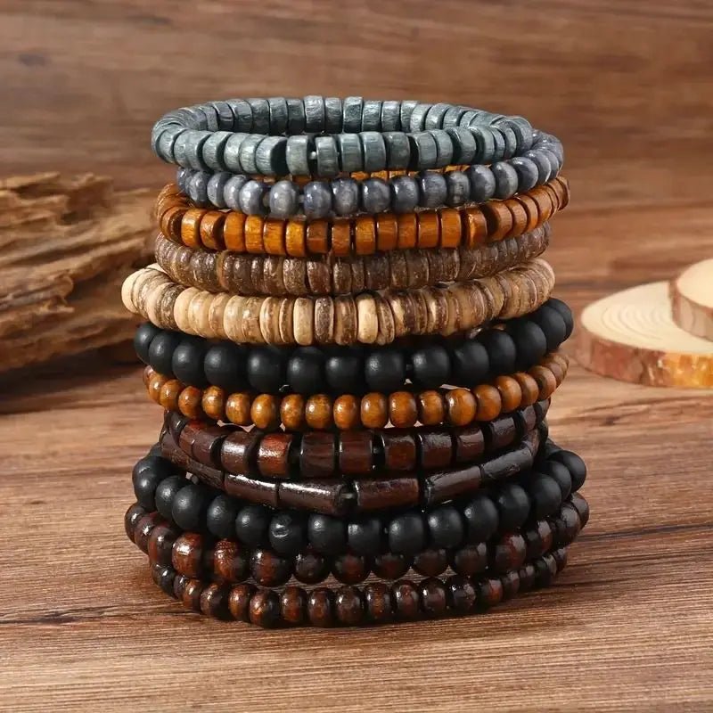 24Pcs/Set Men'S Retro Trendy Multi - Layer Bracelet Set, Versatile Elastic Thread Wooden Bead Bracelet - TechNova