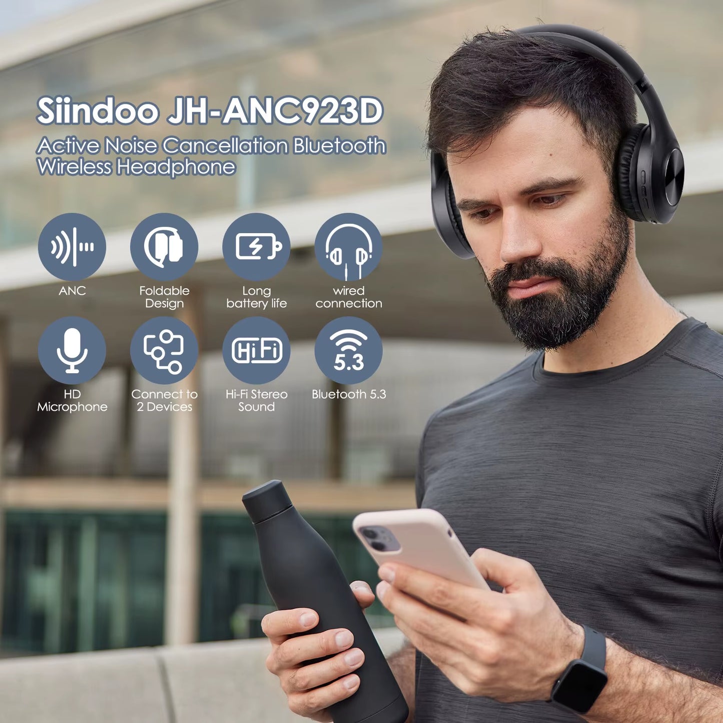 JH - ANC923 Active Noise Cancelling Wireless Headset Foldable Over - Ear Bluetooth Headphone with Mic Hi - Fi Stereo Deep Bass - TechNova