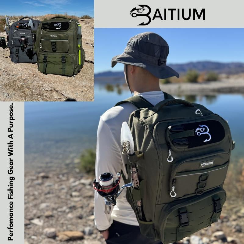 Baitium Fishing Tackle Backpack with Tackle Trays, Rod Holders, and Cooler Pocket - TechNova