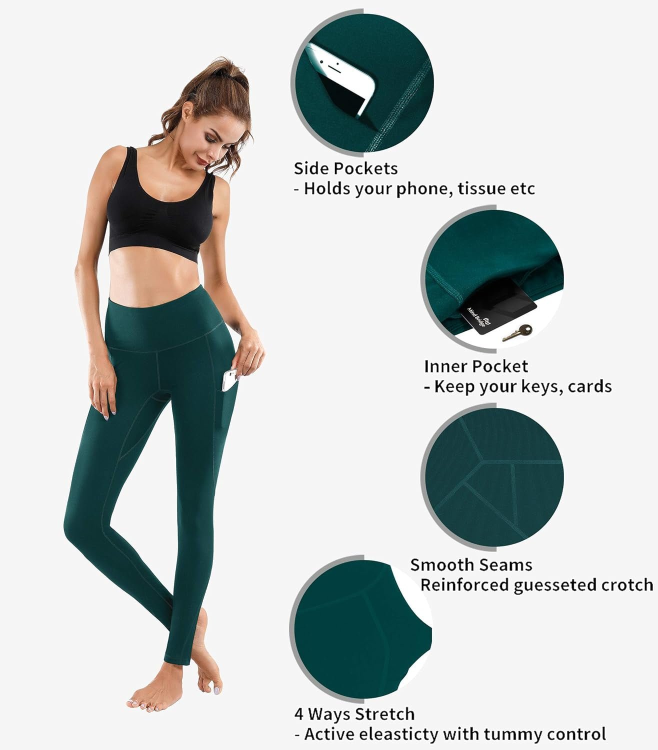 High Waist Yoga Pants - Yoga Pants with Pockets Tummy Control, 4 Ways Stretch Workout Running Yoga Leggings - TechNova