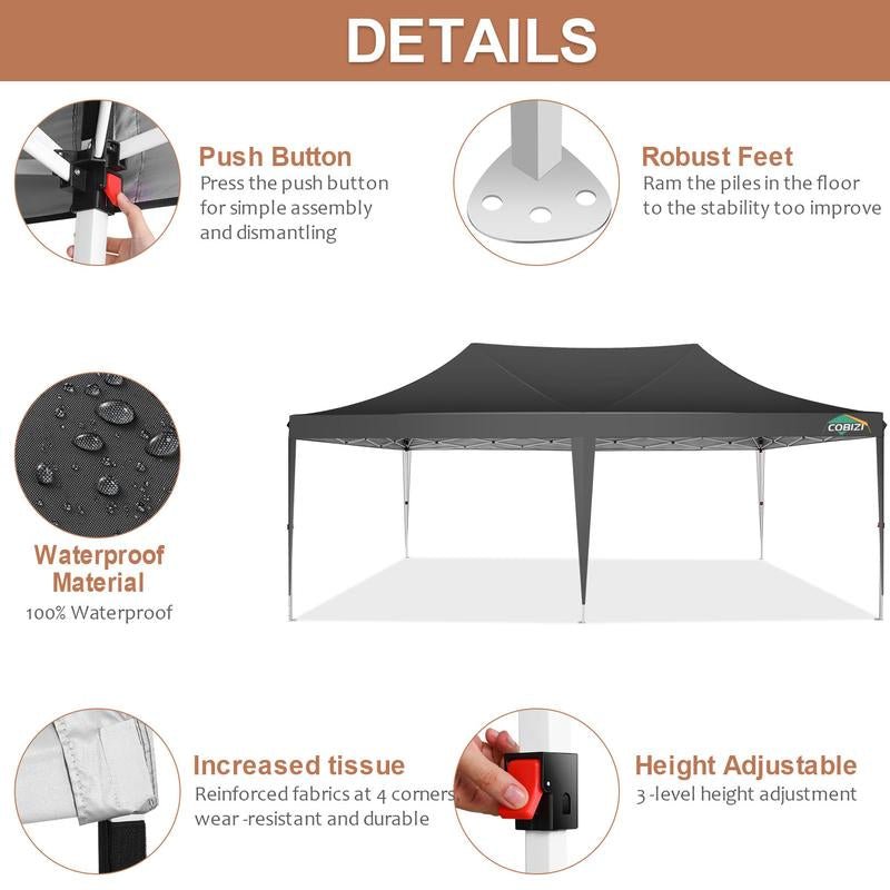 COBIZI 10X20 Pop up Outdoor Commercial Party Tent, Waterproof with 6 Sidewalls, Luxury Camping Tent for Adults,Springtok - TechNova