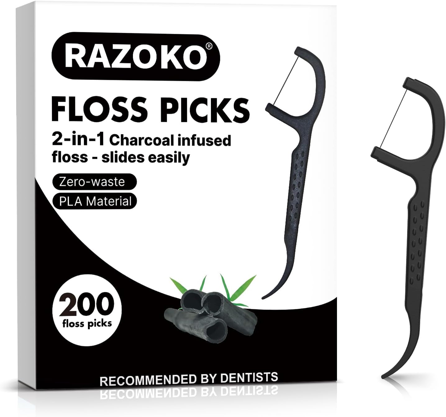 Natural Dental Floss Picks High Toughness Charcoal Toothpicks Sticks - Vegan,Eco - Friendly Sustainable Flossers for Teeth Cleaning (200 Count) - TechNova