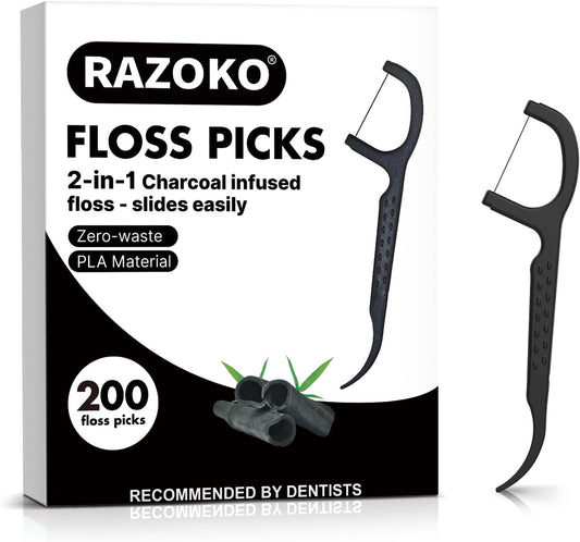 Natural Dental Floss Picks High Toughness Charcoal Toothpicks Sticks - Vegan,Eco - Friendly Sustainable Flossers for Teeth Cleaning (200 Count) - TechNova