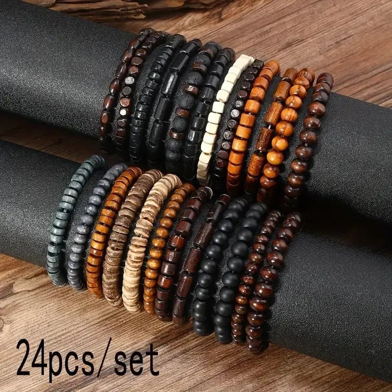 24Pcs/Set Men'S Retro Trendy Multi - Layer Bracelet Set, Versatile Elastic Thread Wooden Bead Bracelet - TechNova