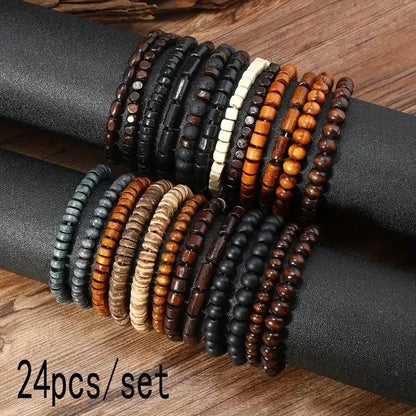 24Pcs/Set Men'S Retro Trendy Multi - Layer Bracelet Set, Versatile Elastic Thread Wooden Bead Bracelet - TechNova