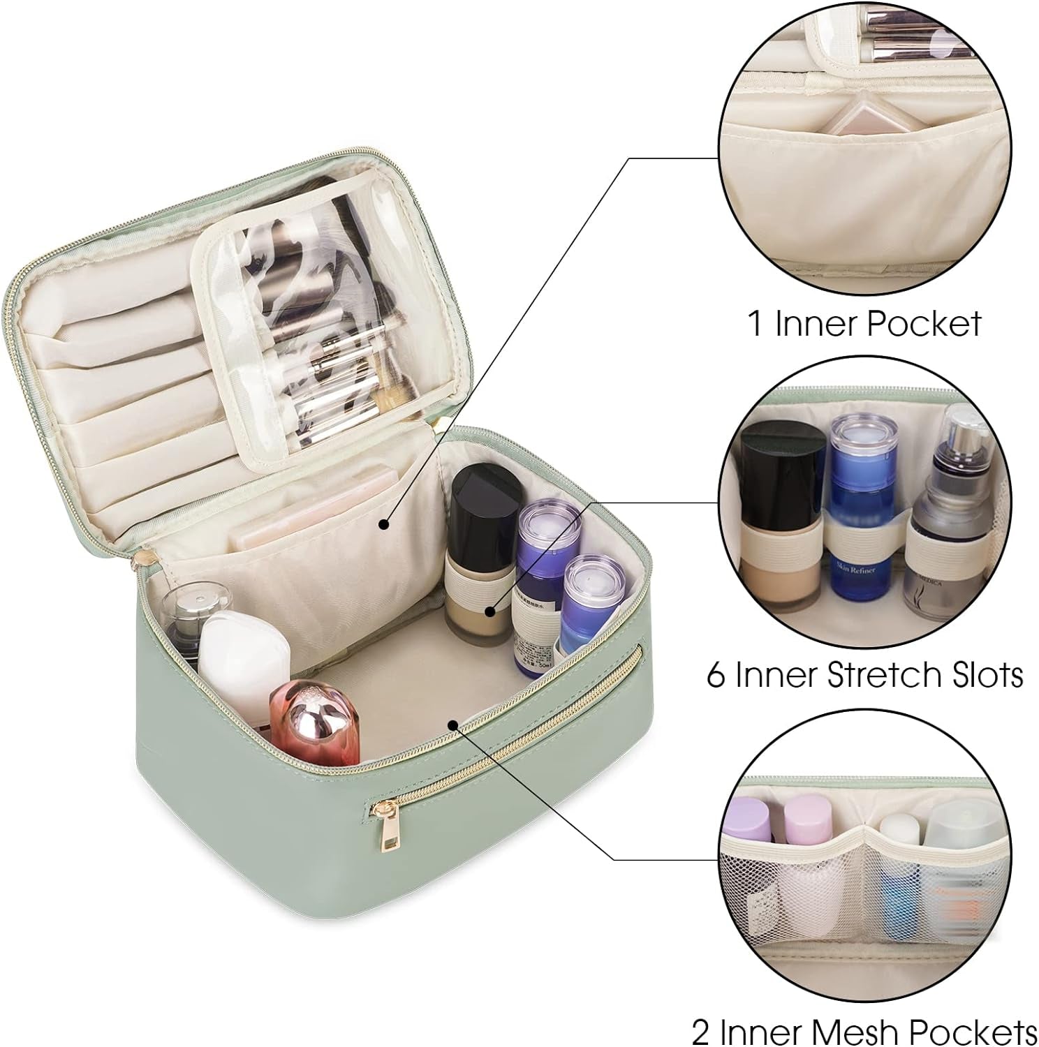 Makeup Bag, Travel Make up Organizer Cosmetic Brush Bags Case for Women in Vegan Leather, Sage Green, Patent Pending - TechNova