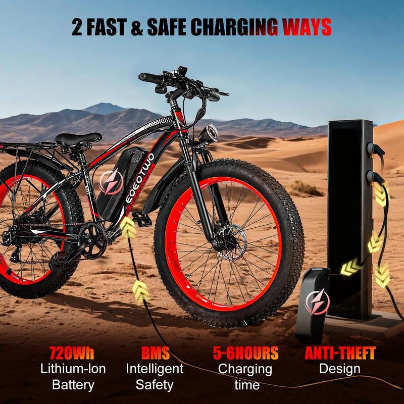 EOEOTWO 1500W Peak Motor Electric Bicycle, with Front Suspension Design, 48V 15AH Electric Mountain Bike, 26"X 4.0 Inch Tires, Maximum Speed up to 30+ Miles per Hour, Range of 70 Miles, Suitable for Snow, Mountain and Road Riding, Electric Bicycle. - TechNova