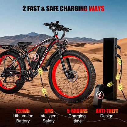 EOEOTWO 1500W Peak Motor Electric Bicycle, with Front Suspension Design, 48V 15AH Electric Mountain Bike, 26"X 4.0 Inch Tires, Maximum Speed up to 30+ Miles per Hour, Range of 70 Miles, Suitable for Snow, Mountain and Road Riding, Electric Bicycle. - TechNova