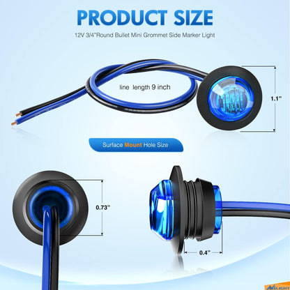 10 PCS 3/4 Inch round LED Clearance Light Front Rear Side Indicator Bullet Marker Lamp for Truck RV Car Bus Trailer Van Caravan Boat, Blue - TechNova