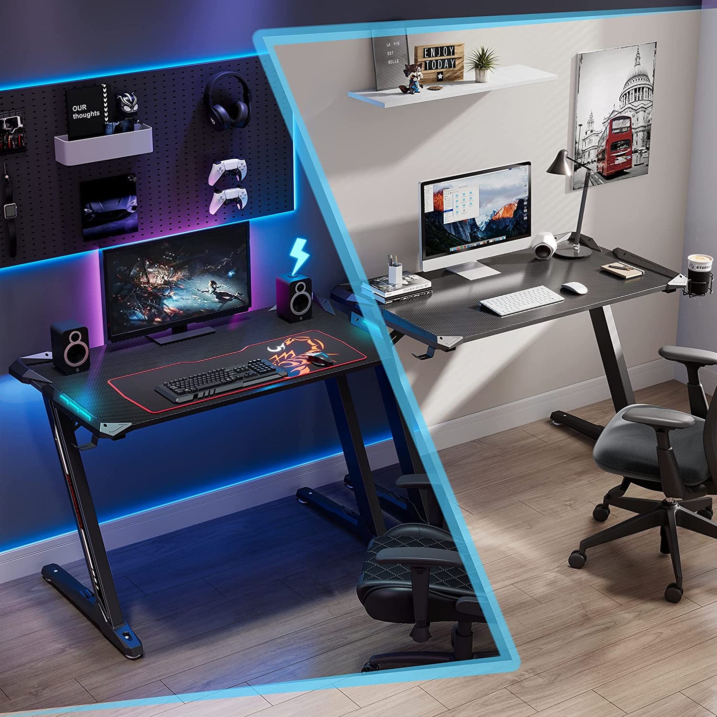 Elevate Your Gaming Experience with the Z1 - S Pro Gaming Desk - 44.5" Z Shaped Home Office PC Computer Desk Featuring LED Lights, Controller Stand, Cup Holder, Headphone Hook, and Free Mousepad - Perfect Gift for Gamers! - TechNova